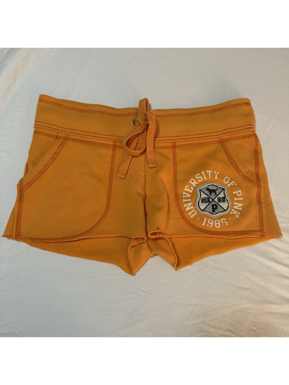 Vintage Y2K Victoria’s Secret PINK University Of Pink Orange Raw Hem Shorts Sz M - Picture 3 of 8